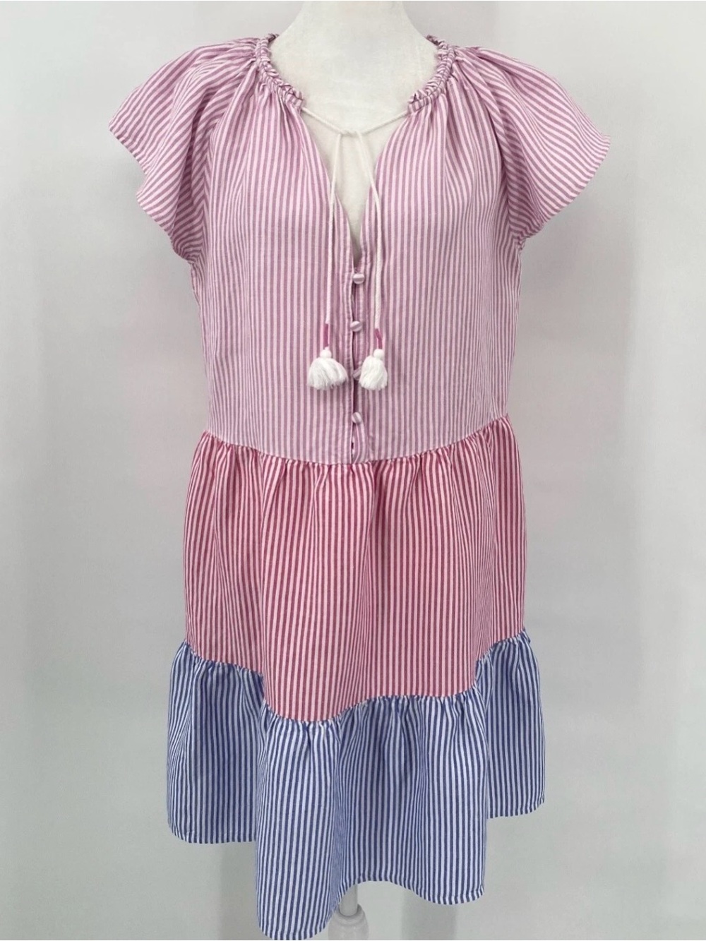 LOFT Pink and Blue Striped Tiered Mini Dress with Tassel Tie